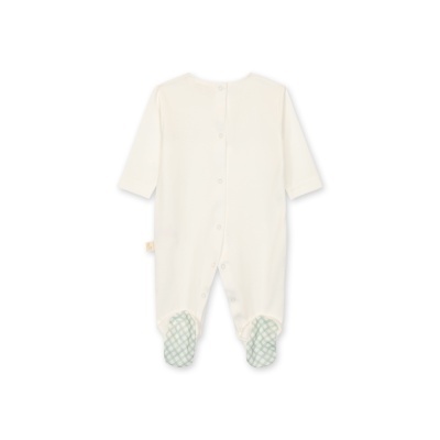 Macacão de bebé creme com solas xadrez verde e branco