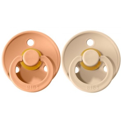 Dois chuchas BIBS em silicone salmão e creme com detalhes amarelos
