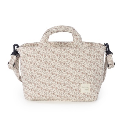 Mala têxtil creme com padrão floral castanho e alças, etiqueta Walking Mum