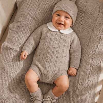 Bebé com roupa de malha bege e manta bege