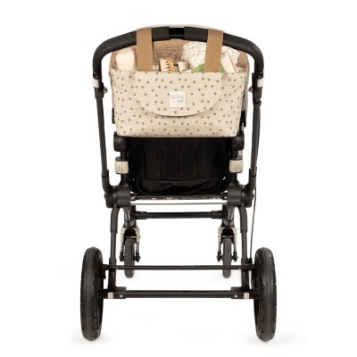 Carrinho de bebé preto com bolsa bege com padrão castanho e etiqueta MARIE & ROSE COLLECTION