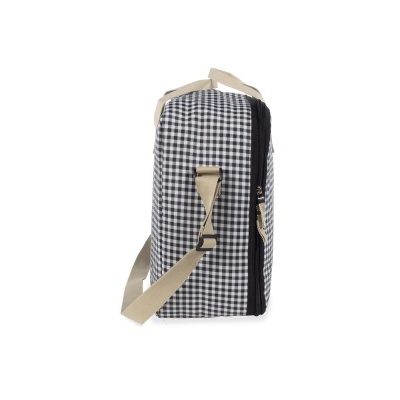 Mala xadrez preto e branco com alças bege e fecho preto