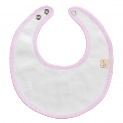 Babete de bebé branco com bordas rosa e fecho metálico