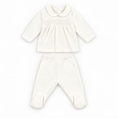 Conjunto branco para bebé com camisola e calças com pé