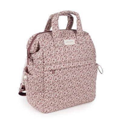 Mochila floral rosa com alças duplas e fecho cor de rosa