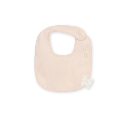 Babete cor de rosa claro com fecho de pressão e borboleta branca aplicada