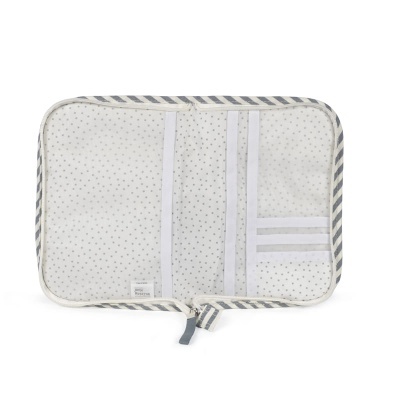 Estojo aberto branco com pontos cinzentos e bordas às riscas cinzentas
