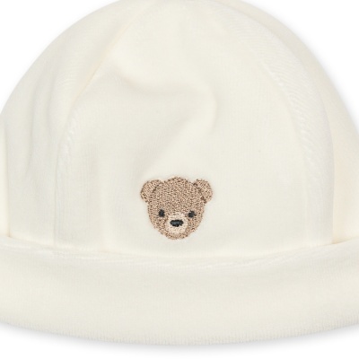Gorro branco para bebé com bordado de ursinho castanho