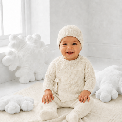 Bebé sorridente com roupa tricotada creme sentado em manta bege claro, com almofadas em forma de floco de neve em ambiente interior branco.