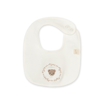 Babete branco com bordado de ursinho e raminhos com fecho e etiqueta