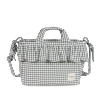 Mala xadrez cinza e branco com folho e alças, etiqueta Walking Mum