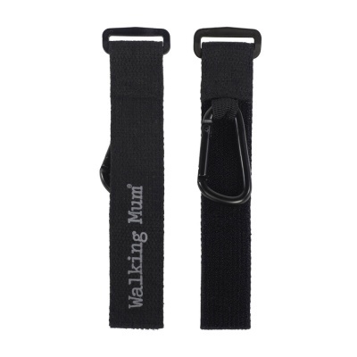 Duas correias pretas com mosquetão e texto Walking Muni