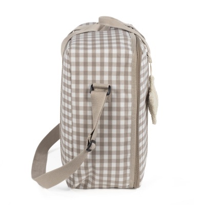 Mala xadrez castanha e branca com alça ajustável e fecho lateral