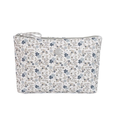 Necessaire floral cinza, azul e bege com fecho e alça