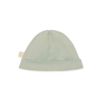 Gorro de bebé verde claro algodão com aba dobrável e etiqueta lateral