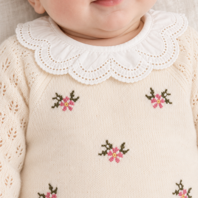 Roupa de bebé creme com flores bordadas e gola branca bordada