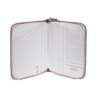Carteira ou estojo rosa aberto com interior branco e divisórias