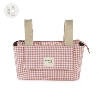 Bolsa para carrinho xadrez rosa e branco com alças bege e etiqueta Walking Mum