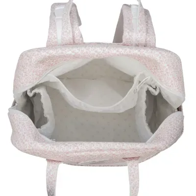 Mochila feminina branca com flores cor-de-rosa e interior com vários compartimentos