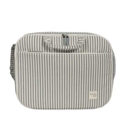 Mala riscada cinza e branca com pegas e bolsos