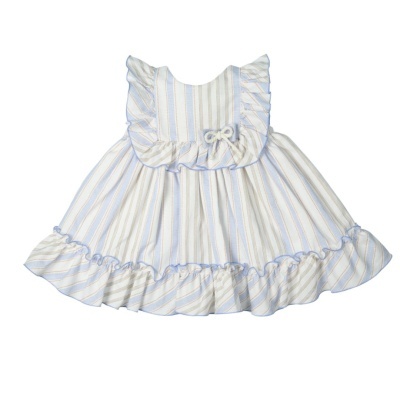 Vestido infantil às riscas com folhos e laço no peito