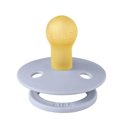 Chupeta amarela com base cinzenta e inscrições BIBS