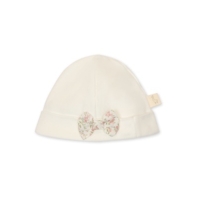 Gorro de bebé creme com laço floral cor de rosa