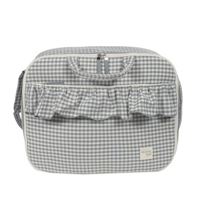 Mala xadrez azul e branco com bolso folho e etiqueta Walking Mum