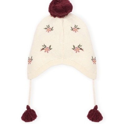 Gorro de malha branco com flores e pompons castanhos