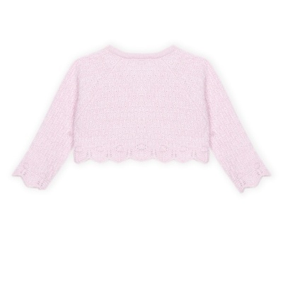 Casaco curto cor-de-rosa claro de malha com padrão trançado e bordado festonado.