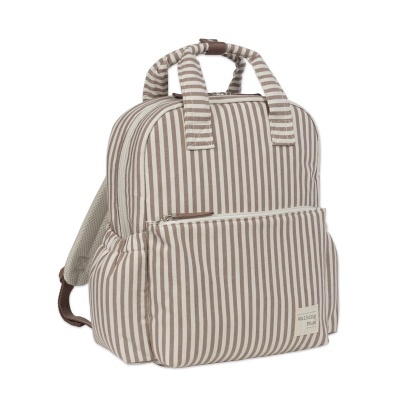 Mochila riscas castanhas e brancas com vários bolsos e alças acolchoadas