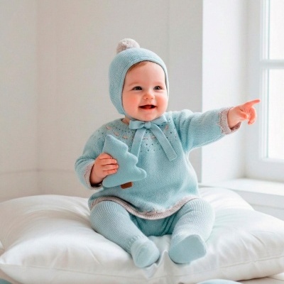 Bebé com roupa de malha azul e gorro com pompom sentado numa almofada branca