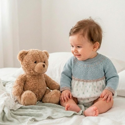 Bebé sentado ao lado de um urso de peluche numa cama branca
