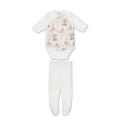 Conjunto de bebé com body branco estampado e calças brancas