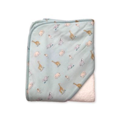 Manta de bebé azul com padrão de animais e interior branco felpudo