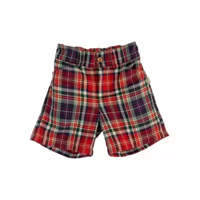 Calções de criança em padrão xadrez colorido com botão de madeira