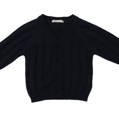Cardigã de malha azul escuro para criança com gola em V e botões frontais