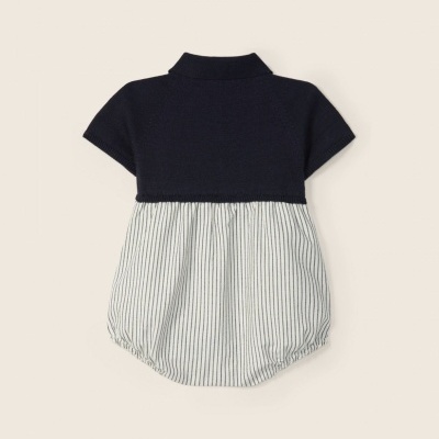 Body bebé azul escuro e branco às riscas com manga curta