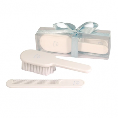 Conjunto infantil com escova, pente branco e caixa transparente com fita azul