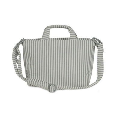 Mala de tecido com riscas cinza e branco, alça ajustável e pega acolchoada