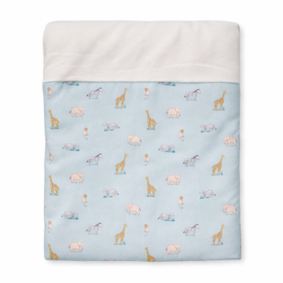 Edredão de bebé com padrão de animais em azul claro e topo branco