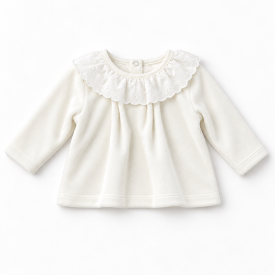 Blusa branca infantil de manga comprida com gola bordada floral