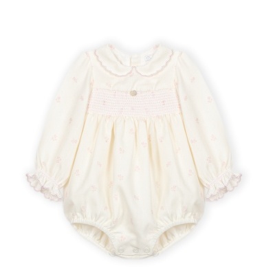 Body de bebé creme com flores cor-de-rosa e gola ondulada