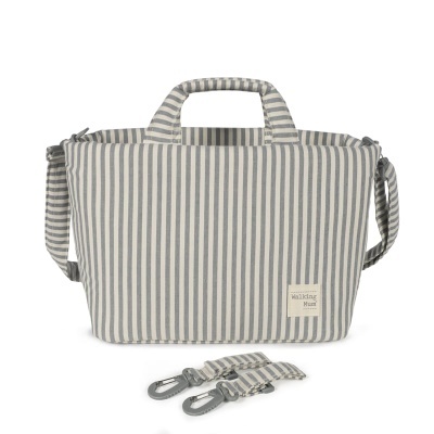 Mala de tecido riscas cinza e branco com alças e mosquetões