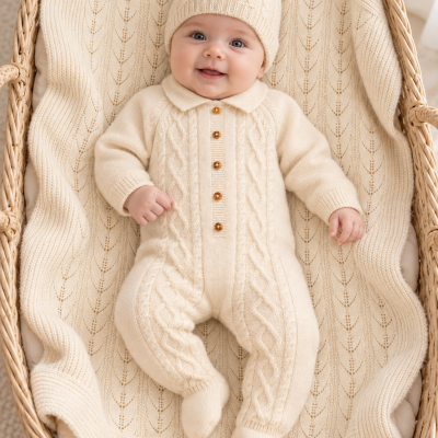 Bebé em carrinho de vime com roupa de malha creme
