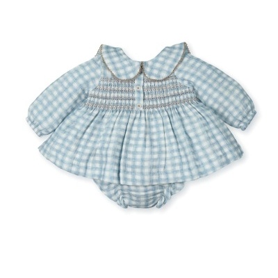 Vestido de bebé azul e branco padrão xadrez com gola e manga comprida