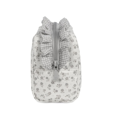 Necessaire branca com padrão floral cinzento e fecho com folho xadrez