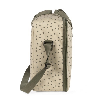 Mala bege com corações pequenos cinzentos e alça verde