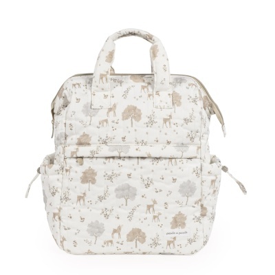 Mochila branca com padrão de árvores e veados em bege