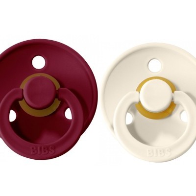 Dois chupetas BIBS vermelho bordeaux e branco com tetinas em silicone